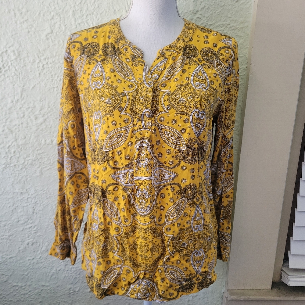 Talbots top yellow paisley v neck long sleeve boho casual classic flowy sz Mp